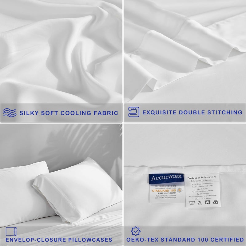 ACCURATEX Cooling Sheets Queen Size - Viscose Made from Bamboo, Luxury Cool Silky Sheet Set for Queen Size Bed, Super Soft Breathable Bedding Sheets up to 16 inches Deep Pockect,White - Image 5